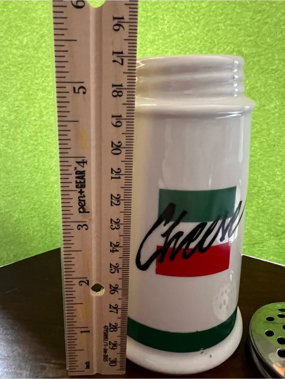 White Ceramic 'Cheese'  Shaker with Green & Red Accent - Picture 5 of 6